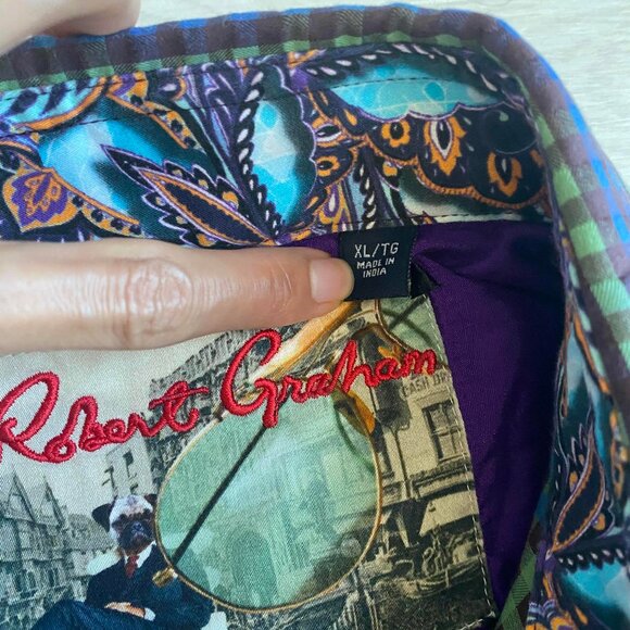 Robert Graham Blue Green Checkered Men Dress Shirt Paisley Print Cuffs Size XL - Picture 4 of 10